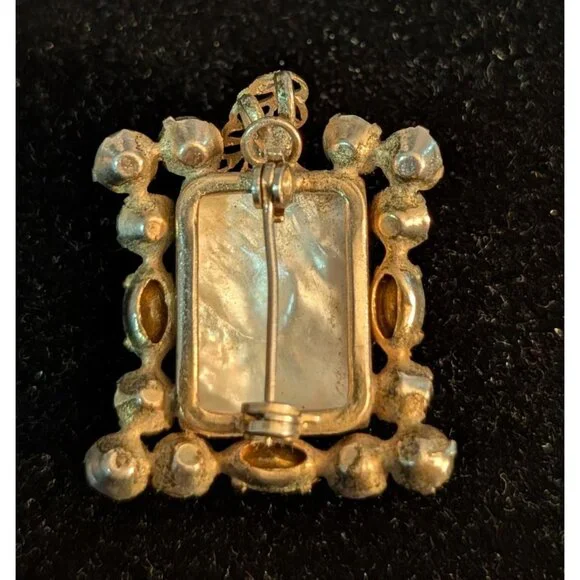 Vintage Pink Green Rhinestone Brooch Pendant Filigree Flower Mother of Pearl - Picture 6 of 14